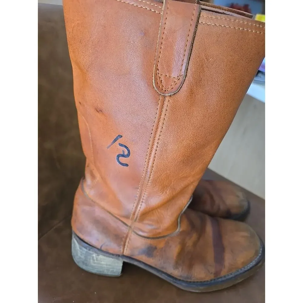 Vtg Double-H Orange Leather Round Toe Pull On Cowboy Western‎ Boots Mens 11D